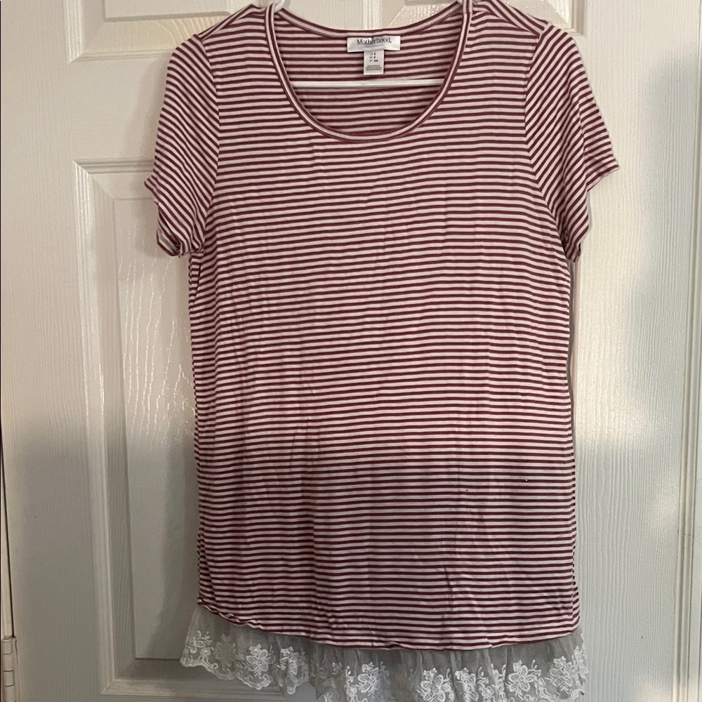 Maternity Red and White Striped Tee with Lace Hem